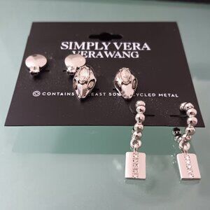 VERA WANG 3pc SET Silver Crystal Disc Studs/Dragon Studs/Hoop Disc Hoop Earrings